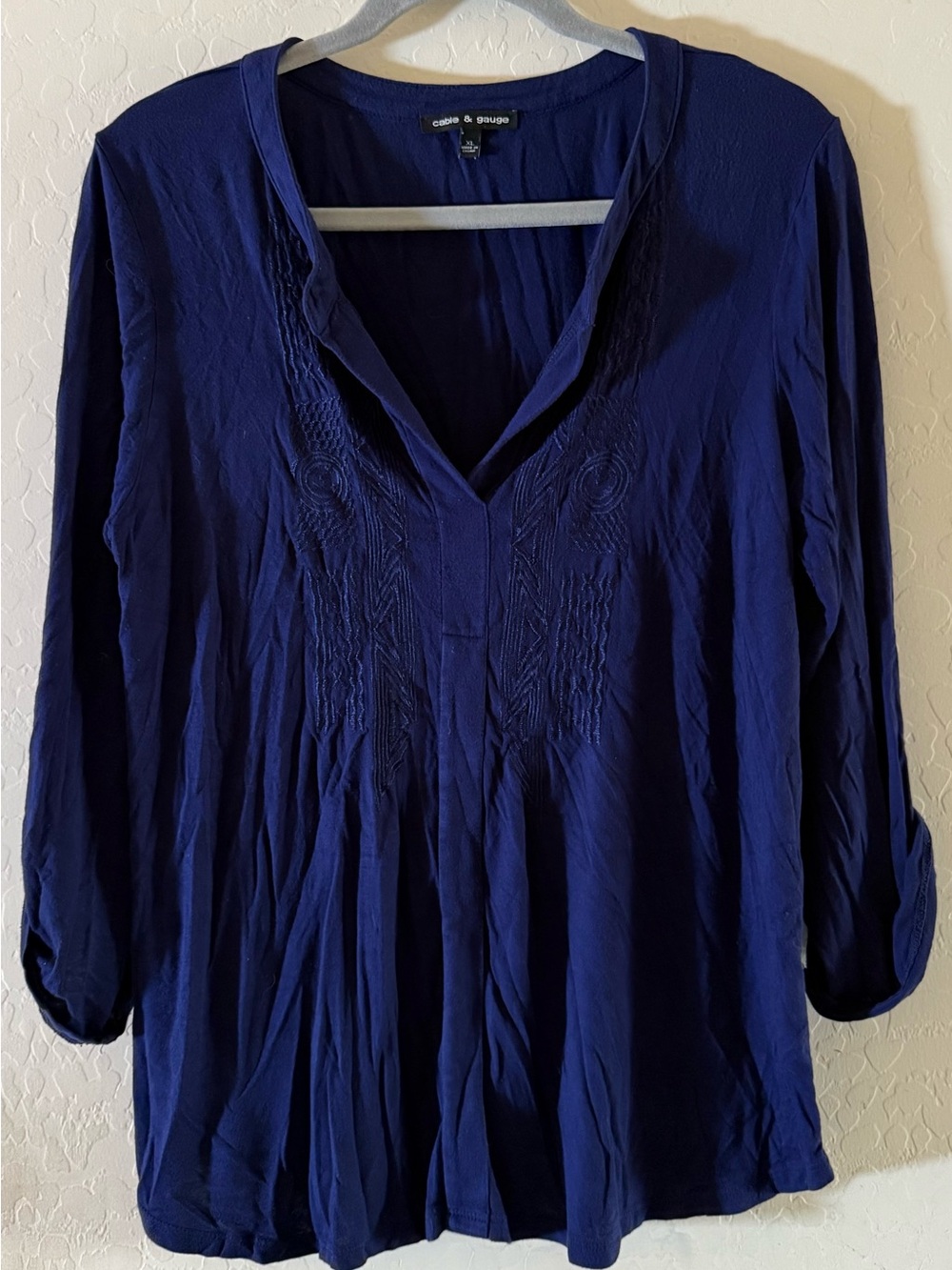 Cable & Gauge, XL, V-neck tunic blouse featuring subtle front embroidery